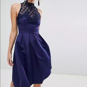 Little Mistress Grid Mesh Midi Skater Dress